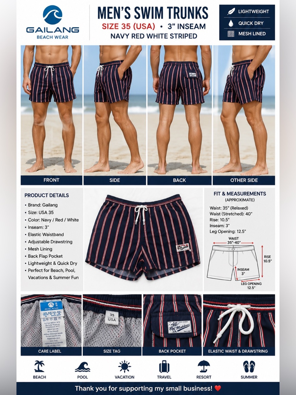 Gailang Men’s Swim Trunks Size 35 Navy Red White Striped 3” Inseam Beach Shorts